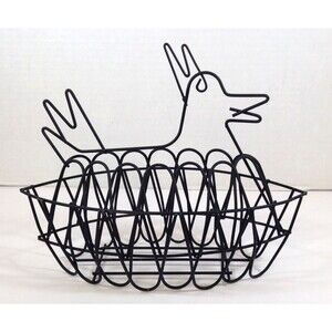 Vtg Wire Chicken Hen Egg Basket Black Farmhouse Country Homestead Kitchen 11x5x9